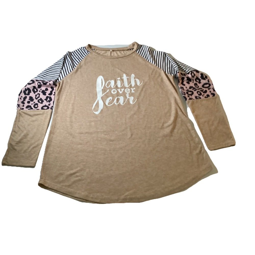 Faith Over Fear‎ Women's Large Long Sleeved Shirt Tan Print Sleeve Knit Blend